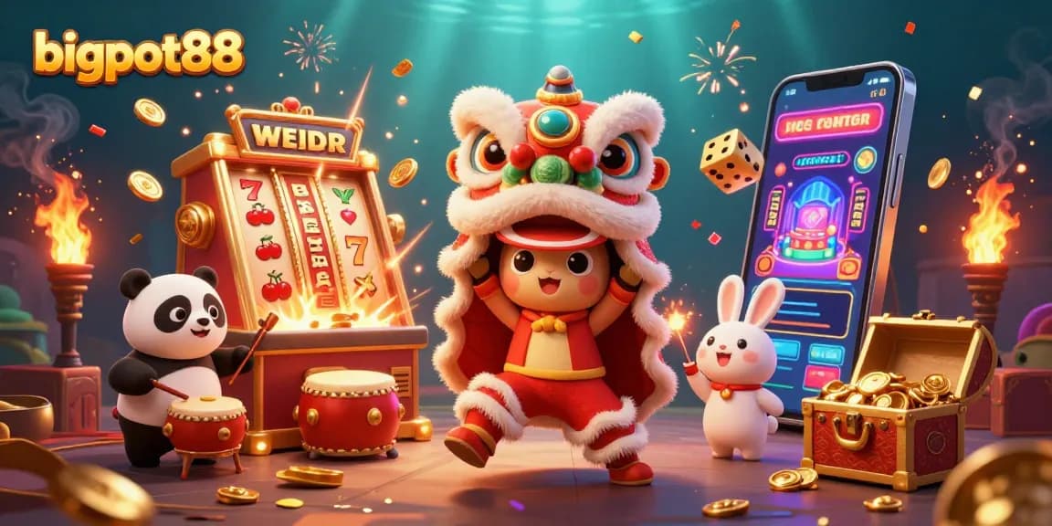Experience bigpot88 with a festive lion dance surrounded by slot explosions and casino excitement.