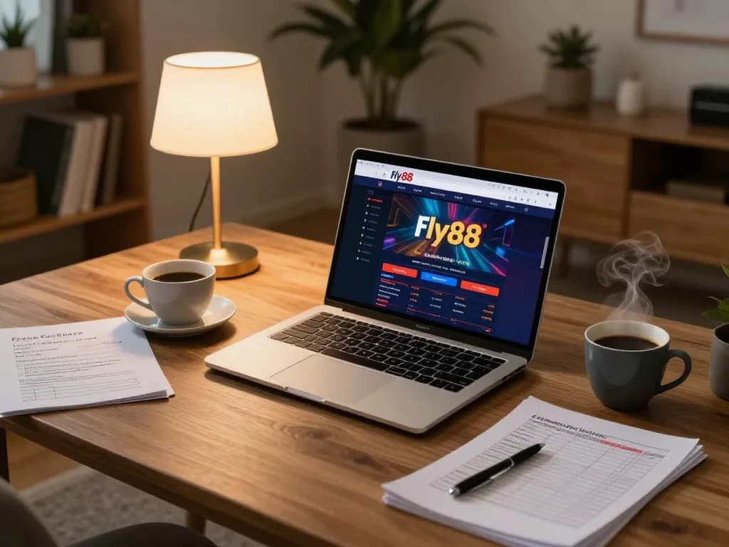 Engaging in strategic online gaming with Fly88 at a cozy home setup, showcasing a laptop and notes