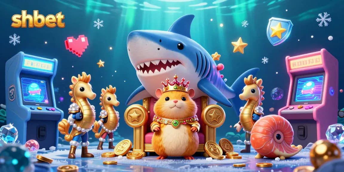 Spin the reels with SHBET's vibrant underwater casino featuring a golden hamster king and dynamic game elements.