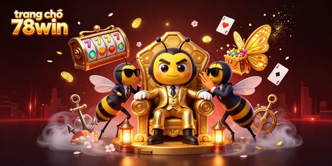 Watch the bumblebee mob boss in a lively casino scene at trang chủ 78win, amidst floating slot reels and treasures.