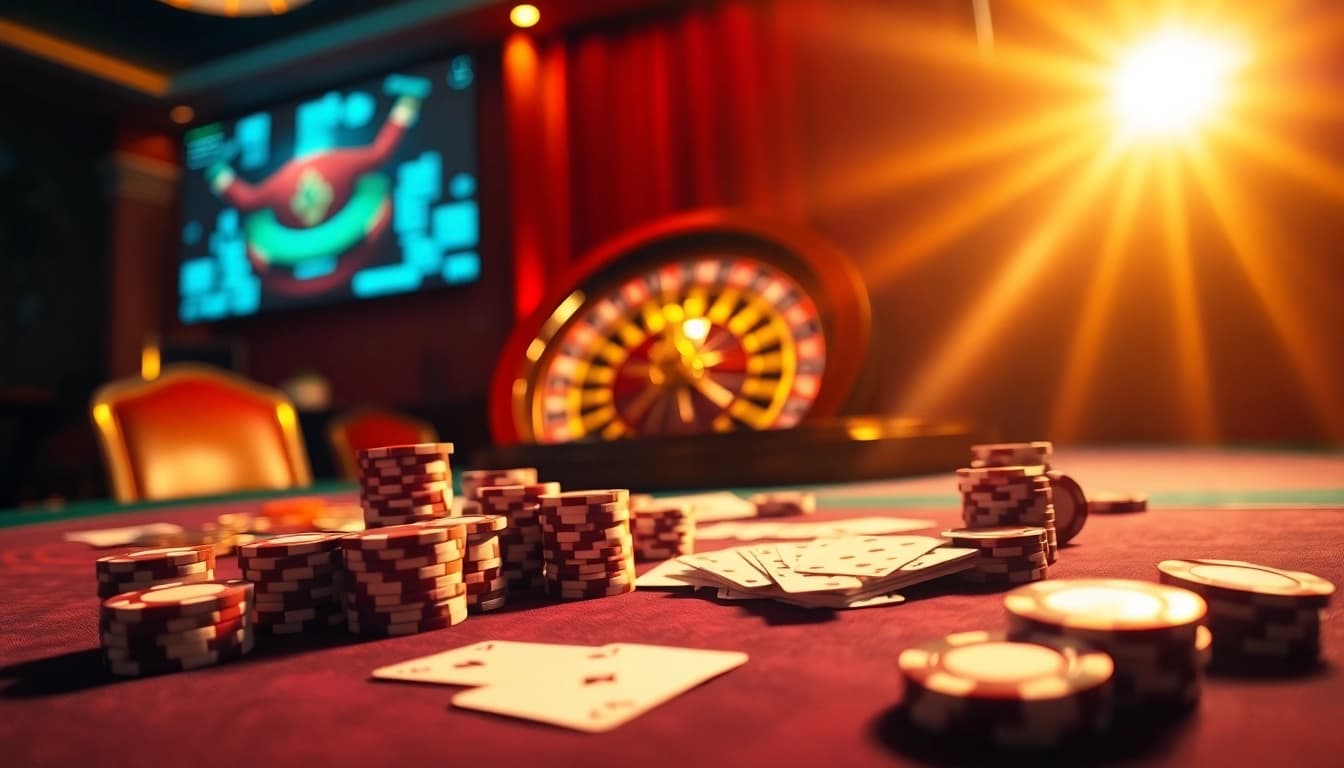 68win player enjoying a big win at a luxury casino table surrounded by poker chips and cards.