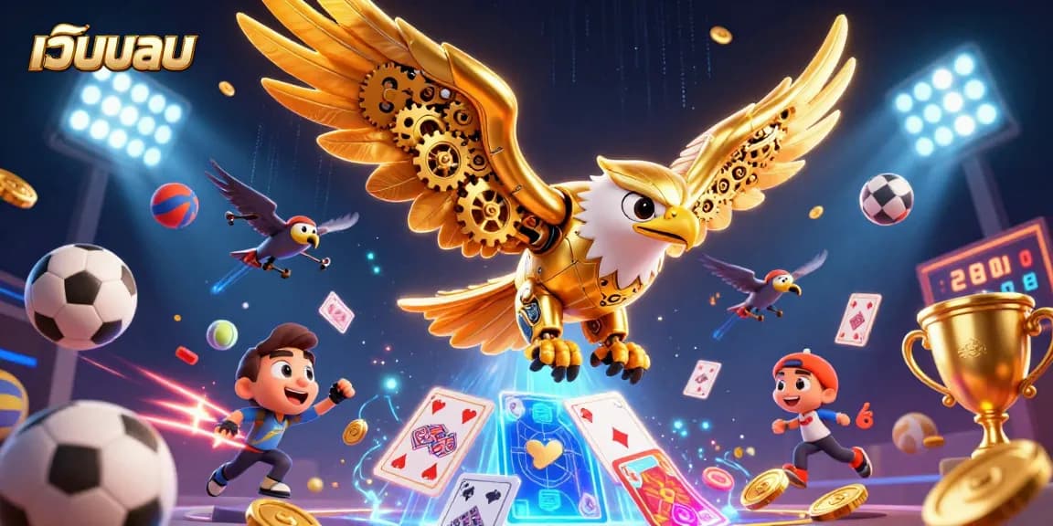 Experience the thrill of เว็บบอล with a diving golden eagle amidst dynamic sports betting elements.