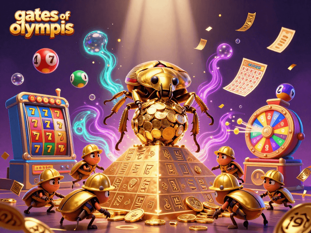 Experience the excitement of gates of olympus with dynamic slot reels and golden treasures in this vibrant illustration.