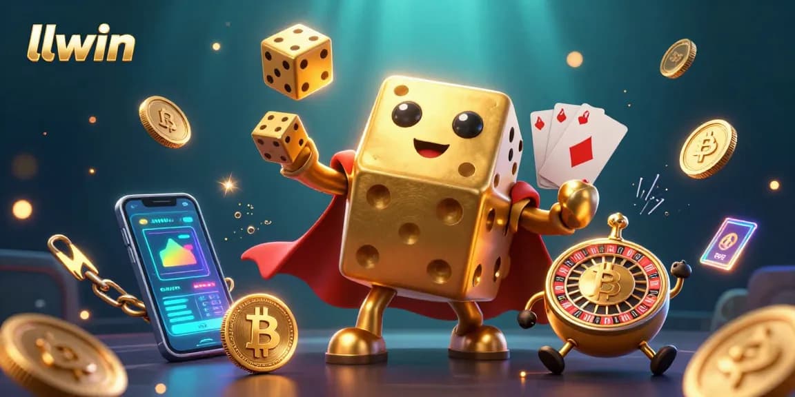 llwin's dynamic casino scene showcases a 3D golden dice golem and crypto elements.