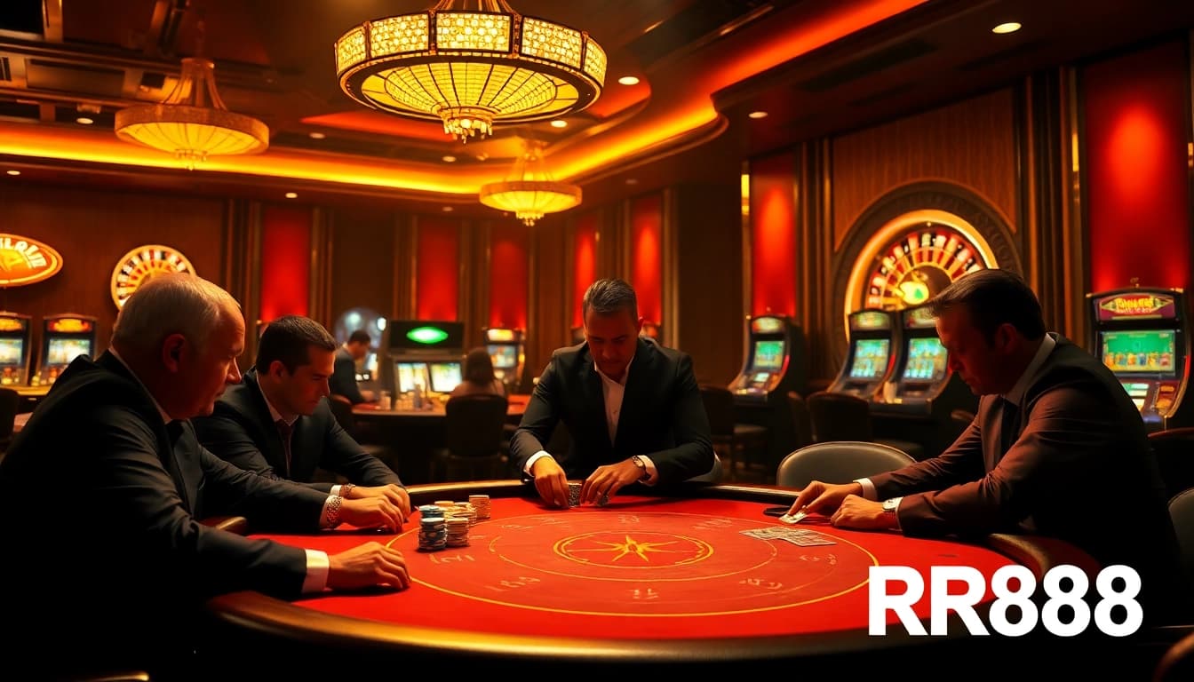 Exciting scene of players at a poker table in RR88 casino, showcasing luxury and high stakes gaming.