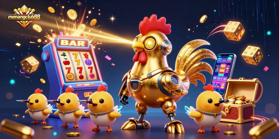 Experience the thrill of gaming on menangclub88 with a golden rooster robot and baby chick drones celebrating a jackpot.