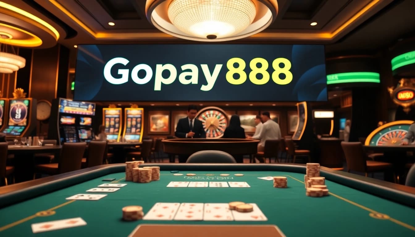 Players engaging with Gopay88 at a glamorous casino table with dynamic slot machines.