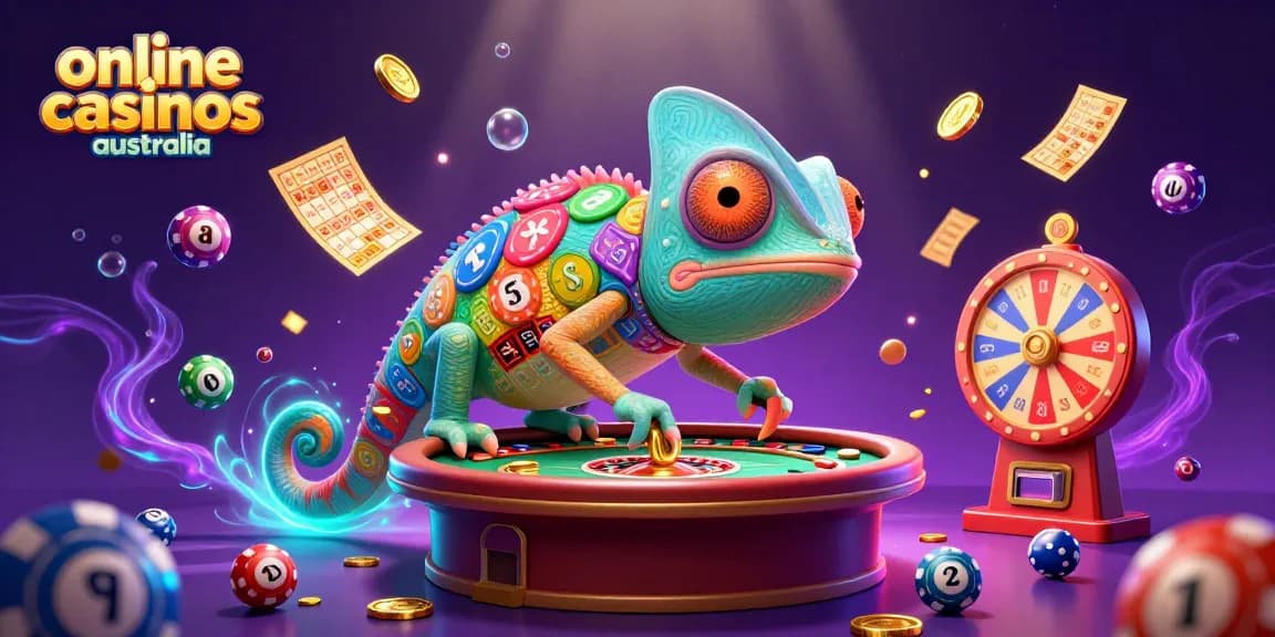 Experience online casinos Australia with a vibrant chameleon casino owner and dynamic game elements flying around.
