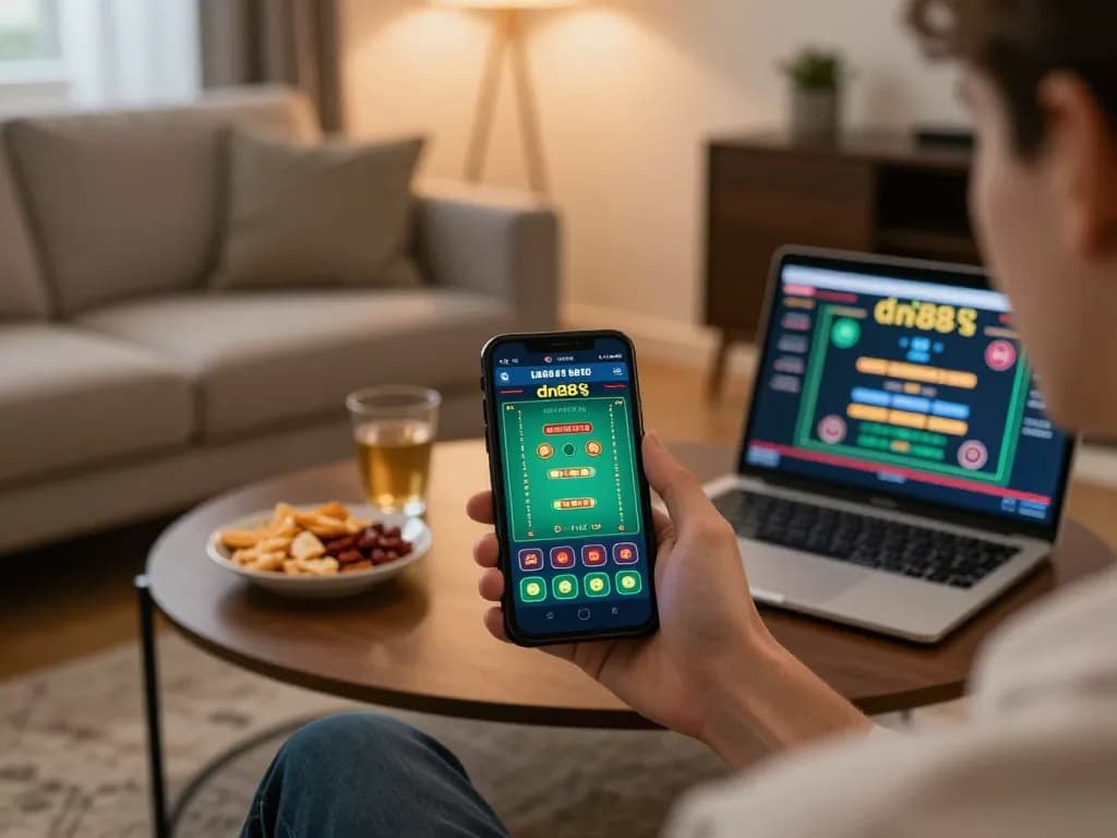 An engaged player using the app dn88 on their smartphone for online gambling in a cozy home setting.