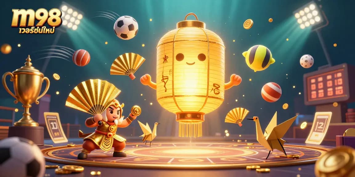 Experience the thrill of m98 เวอร์ชั่นใหม่ with vibrant gaming symbols and a lively casino atmosphere.