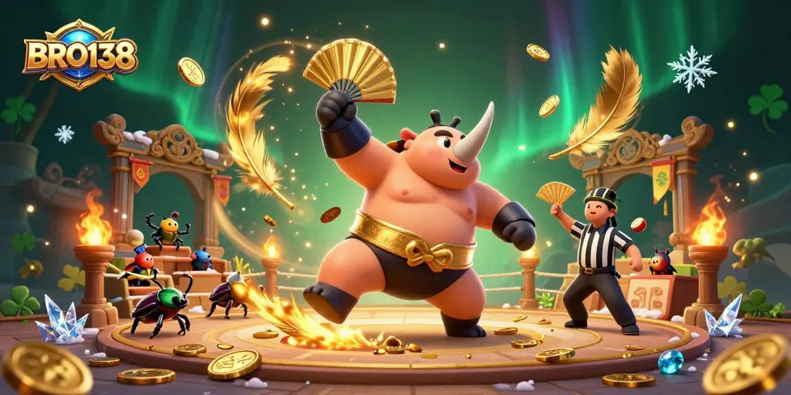 BRO138 players experience exhilarating wins with a dynamic scene featuring a sumo beetle champion amidst gold coins and game elements.
