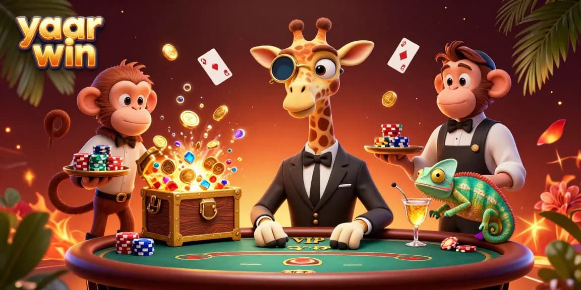 Engage in thrilling poker at yaar win with a cheeky giraffe in a suit and vibrant casino elements.