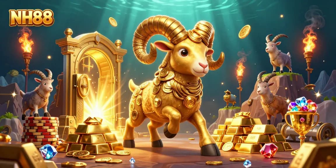 Experience NH88's vibrant casino scene with a golden ram and dazzling treasures.