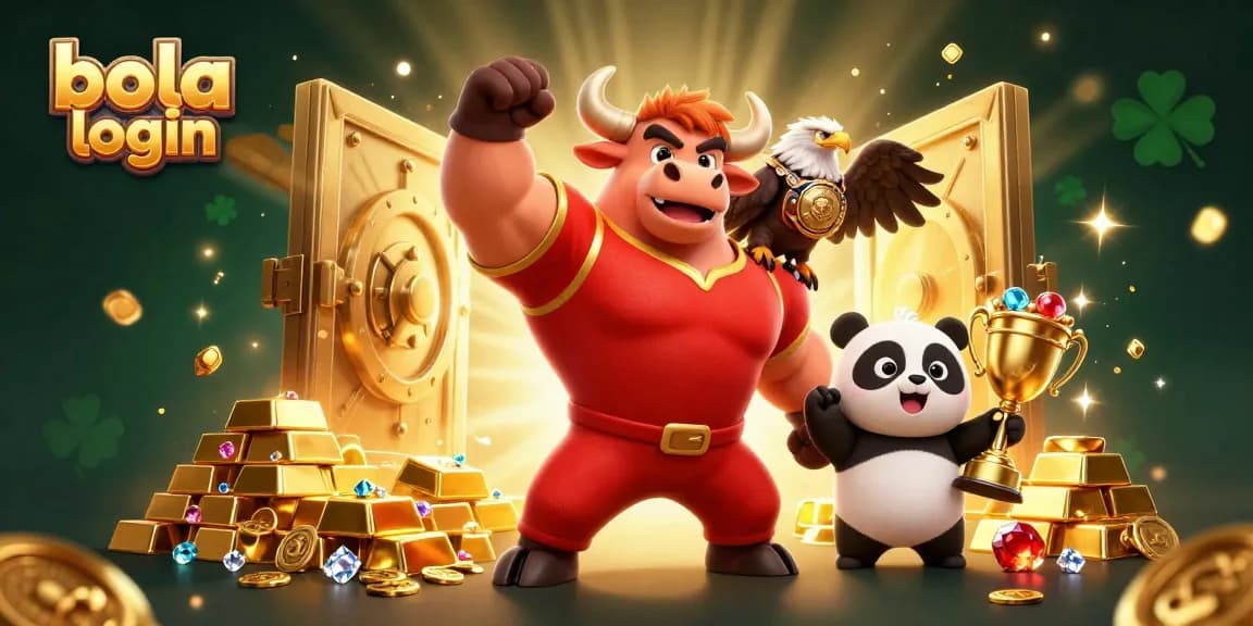 Bets made on bola login showcase victory with a strong bull mascot and shimmering gold treasures.