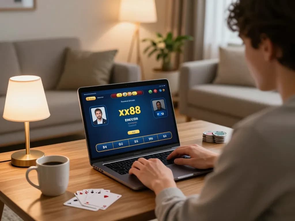 Player engaging in online poker at xx88 with strategy notes in a cozy home setting.