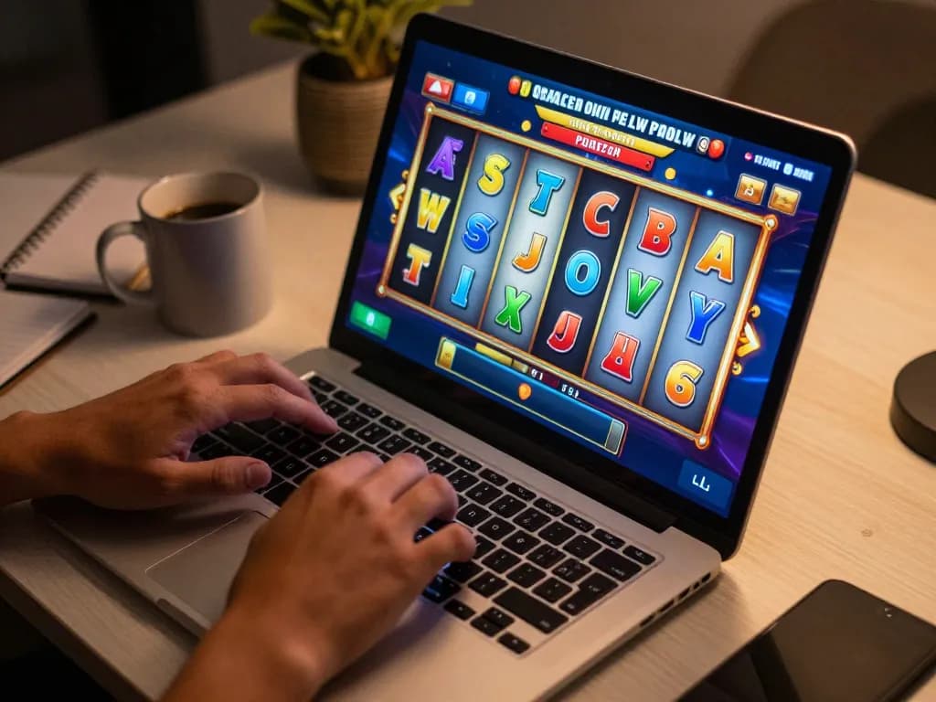 Engaging in slot gacor hari ini gameplay on a laptop from a cozy home setup, showcasing vibrant spins and immersive graphics