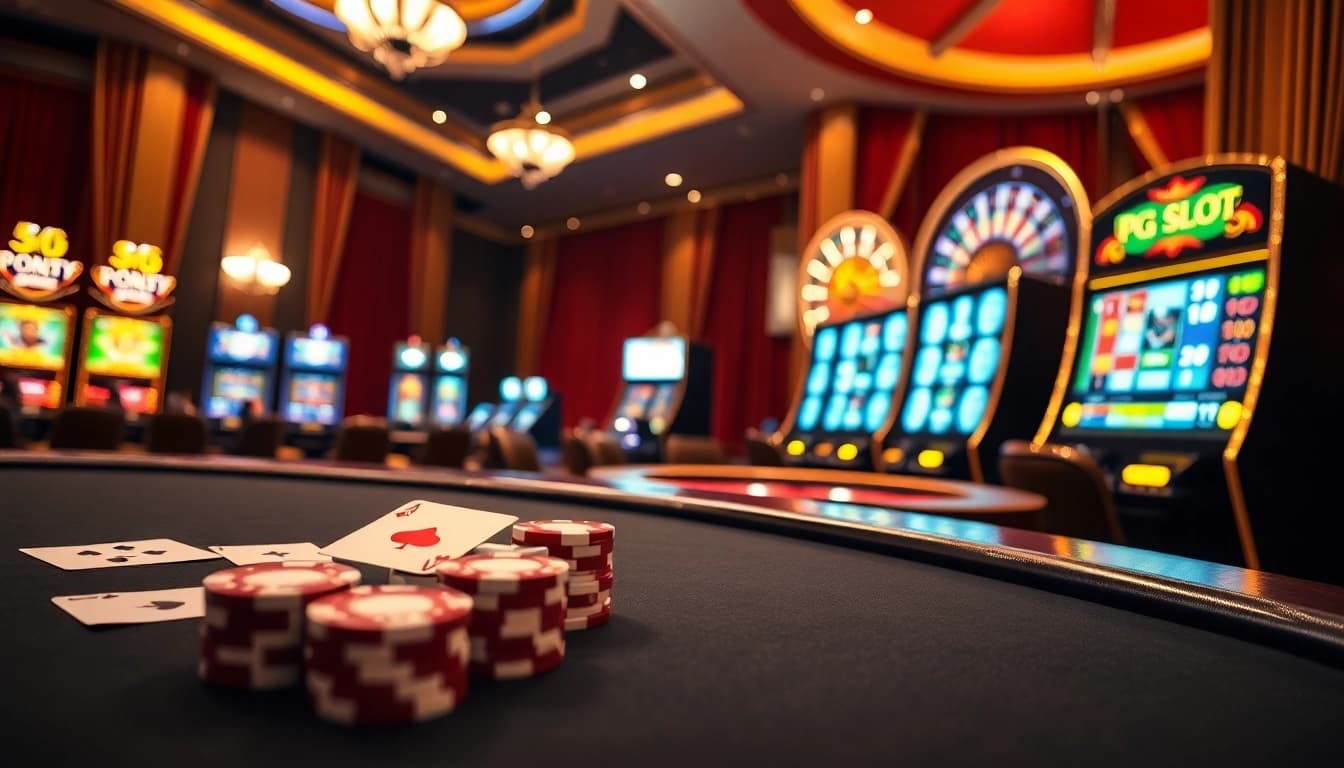 Experience the excitement of pg slot demo with vibrant slot machines and gaming tables