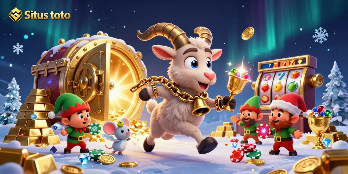 Situs toto brings festive energy to a lively casino scene showcasing a spooky Krampus and playful characters.