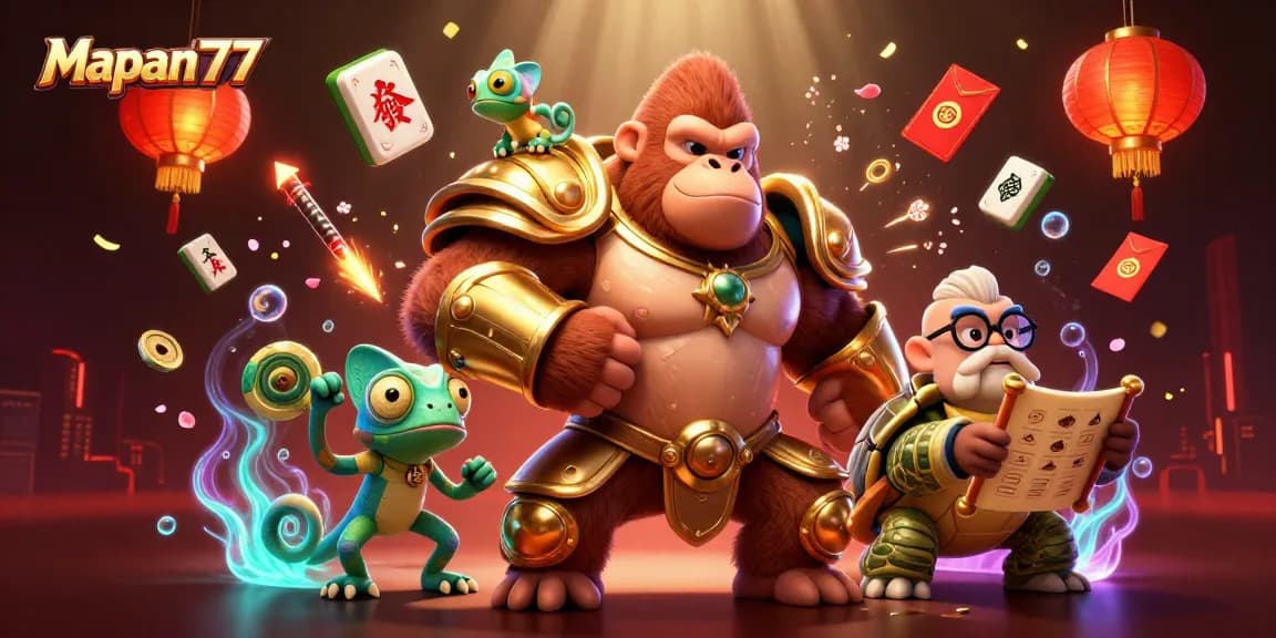 Mapan777 showcases a powerful gorilla king and colorful characters in an engaging casino scene.