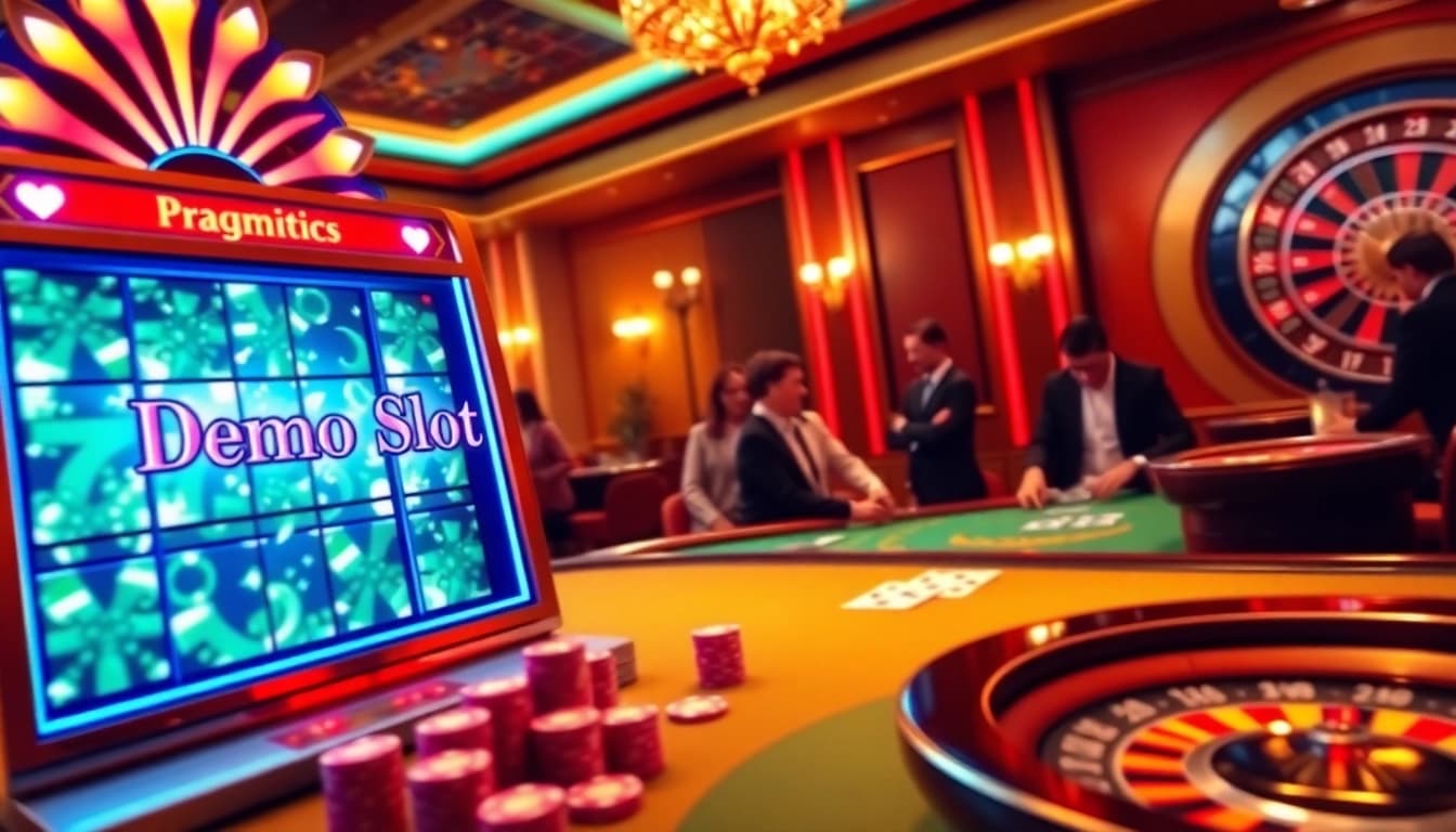 Playing demo slot pragmatic on an elegant casino machine surrounded by poker chips and vibrant lights.