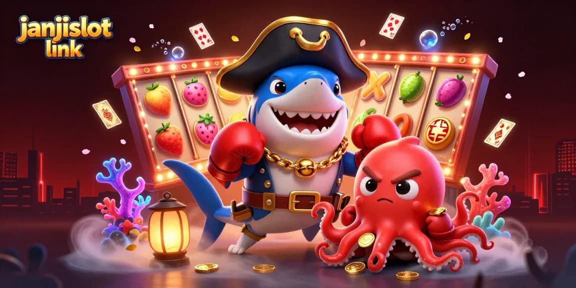 Spin and win with janjislot link featuring a vibrant casino adventure illustration.