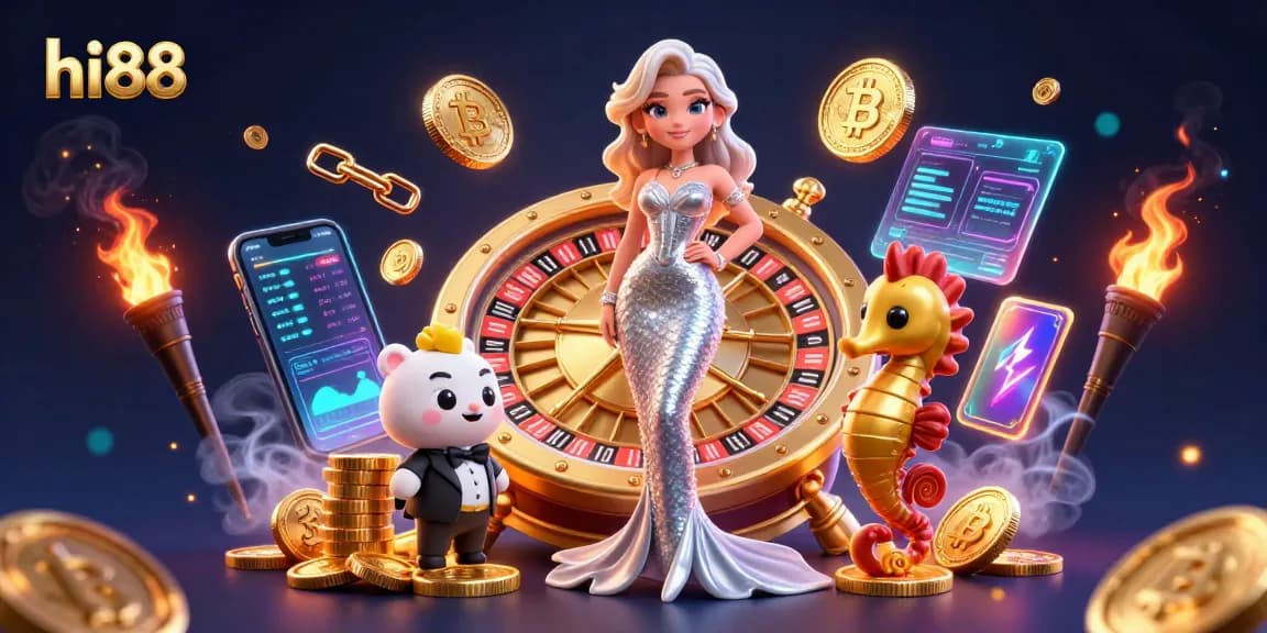 Experience the excitement of hi88, where vibrant casino elements meet crypto in a captivating 3D scene.