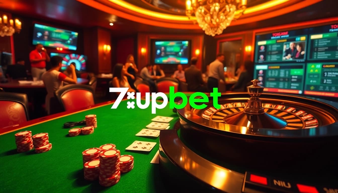 Engaging poker game scene with 7upbet branding and rich casino elements for gamblers.