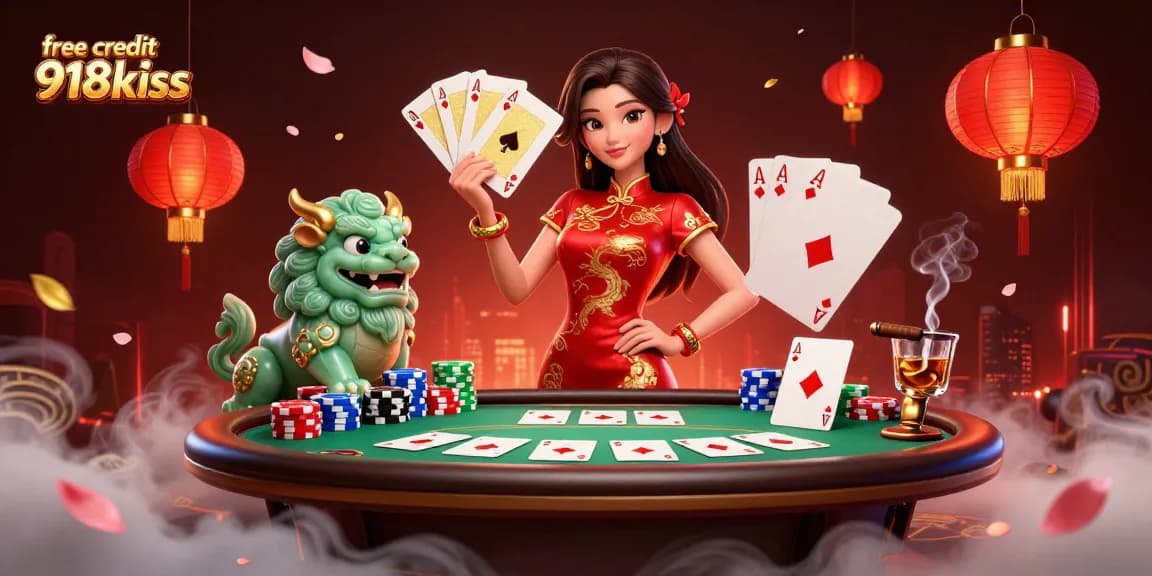 Engage with free credit 918kiss while enjoying an exciting casino scene featuring cards and chips.