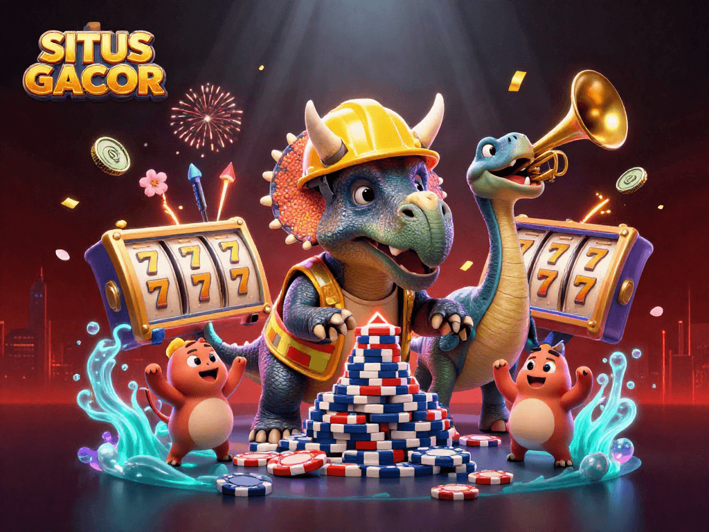 SITUS GACOR vibrant casino illustration showcasing playful characters celebrating with jackpot elements.