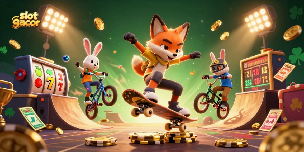 Permainan slot gacor dengan simbol keberuntungan di lingkungan kasino yang ramai.