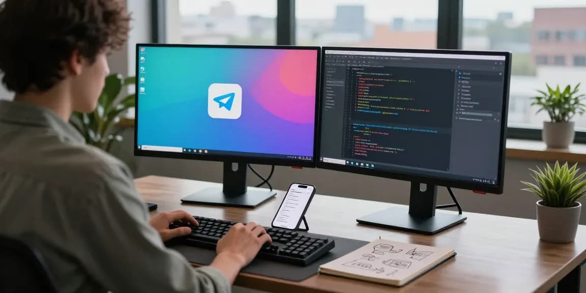 Discover telegram中文版下载 on a modern tech workspace with vibrant monitors and coding.