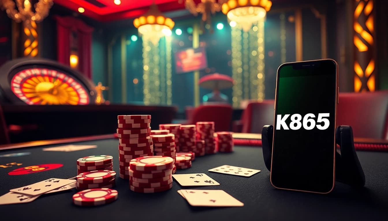 Experience the thrill of high-stakes gaming at OK365 with vibrant casino tables and poker chips.