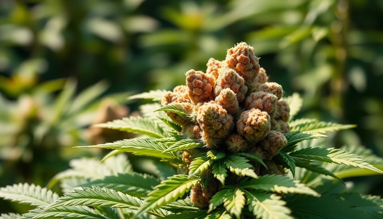 Showcase of GMO cookies strain featuring vibrant buds with crystalline trichomes against a natural background.