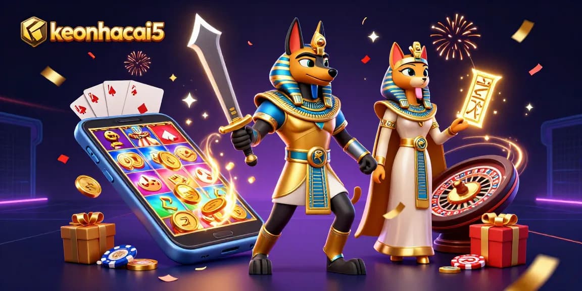 Spin the reels with keonhacai5 as Anubis and Bastet uncover vibrant gambling treasures.