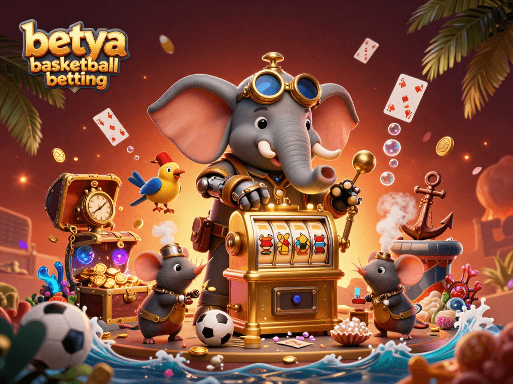 Experience betya basketball betting with a vibrant scene of a steampunk elephant and thrilling sports elements.