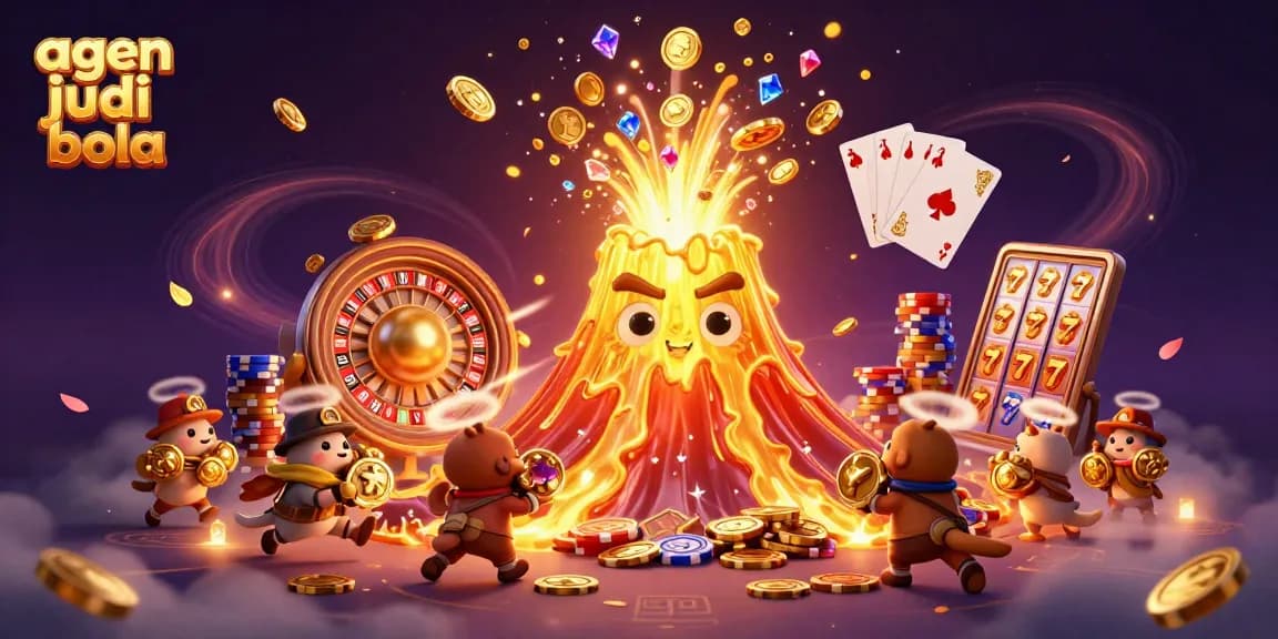 Join the excitement of agen judi bola with triumphant treasures erupting from a golden volcano.