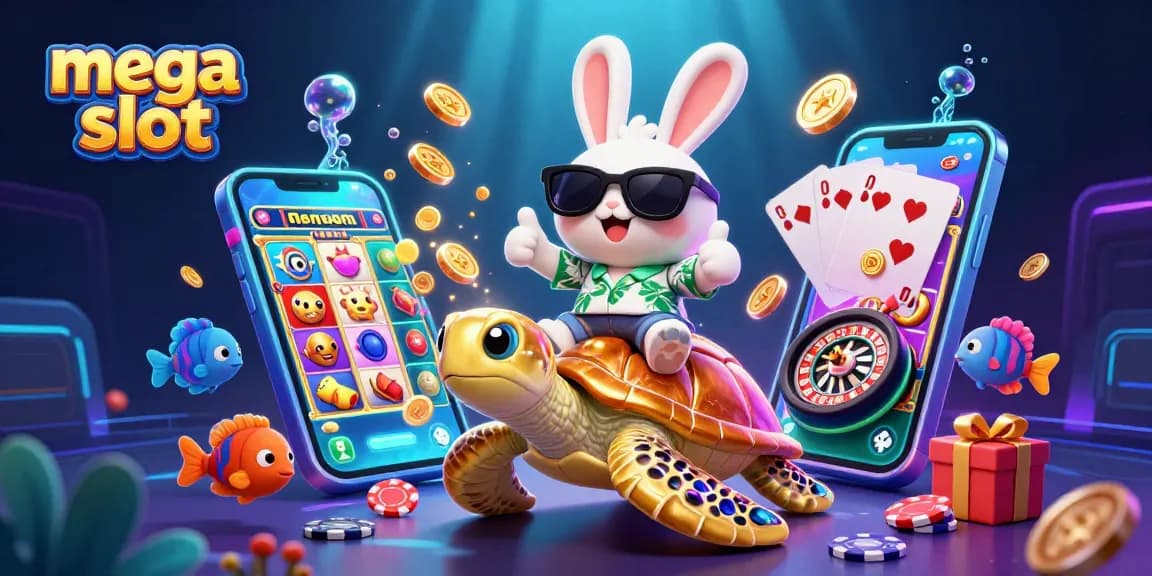 Aksi menarik mega slot dengan kelinci lucu dan kura-kura emas di tengah permainan slot yang menggiurkan.