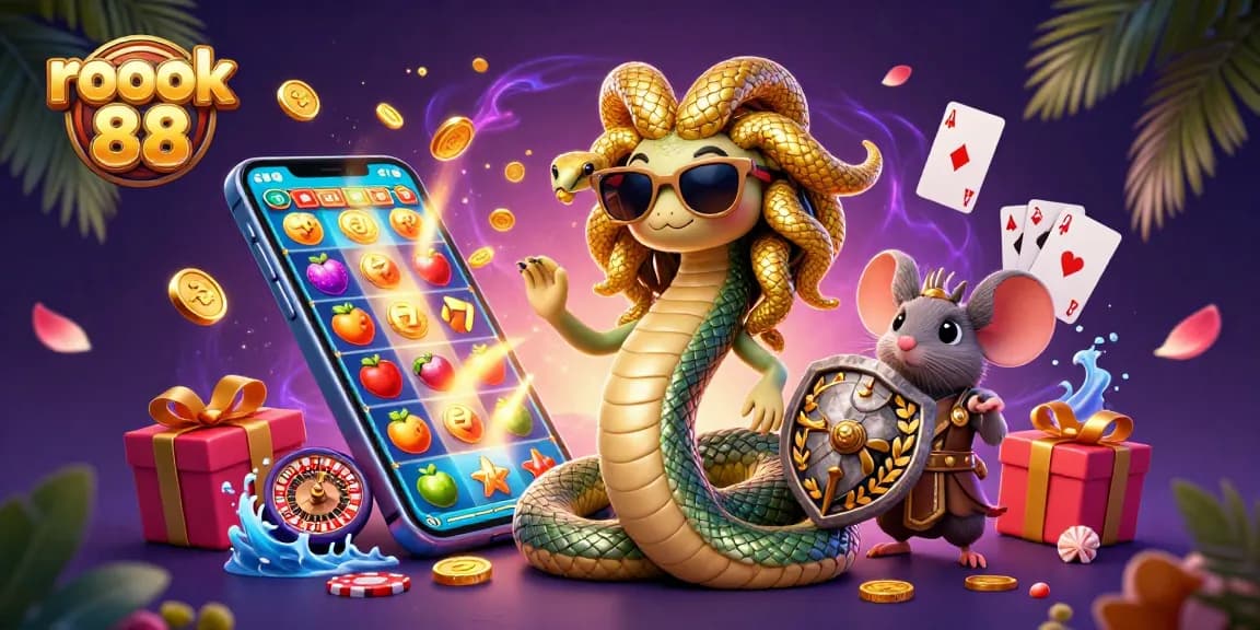 Play exciting games like rokok 88 with thrilling slots and dynamic characters in this vibrant casino scene.