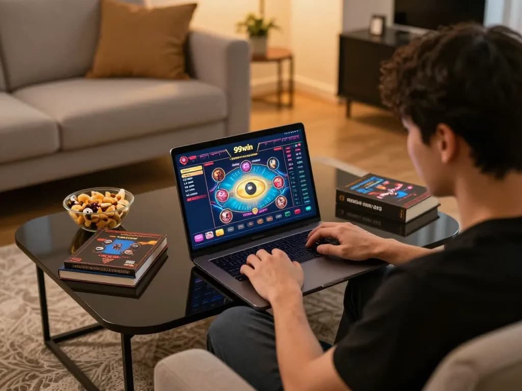 Engaged player explores the 99win online casino interface on laptop in a cozy home setup.