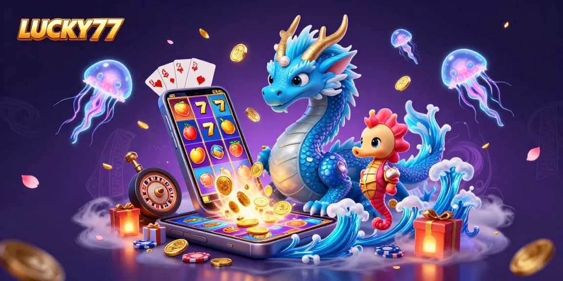 Experience thrilling slot games like LUCKY77 with an azure water dragon and vivid casino elements.