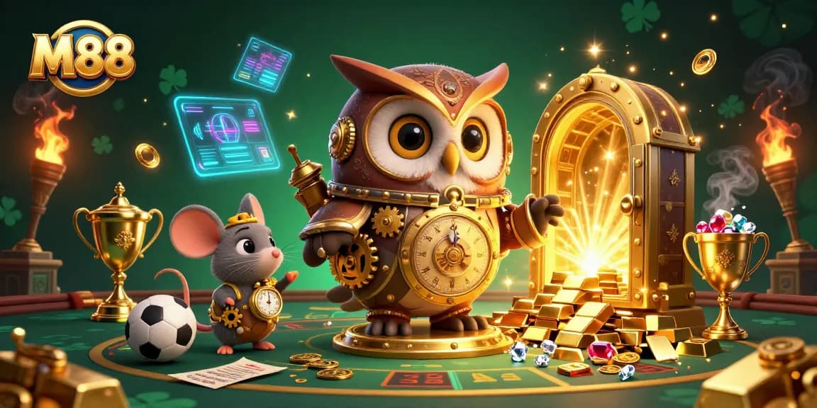 M88 showcases dynamic sports betting action with a time-traveler owl and treasure elements.