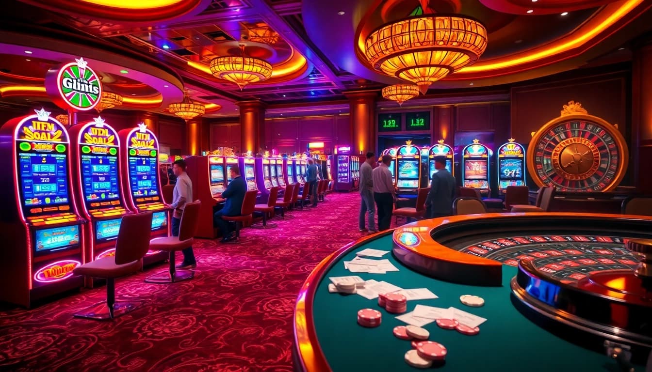 Engaged players at IDNslot machines in a luxurious casino, showcasing vibrant lights and excitement.