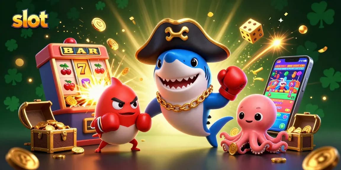 Play exciting slot games with the cartoon shark and friends amidst a jackpot explosion.