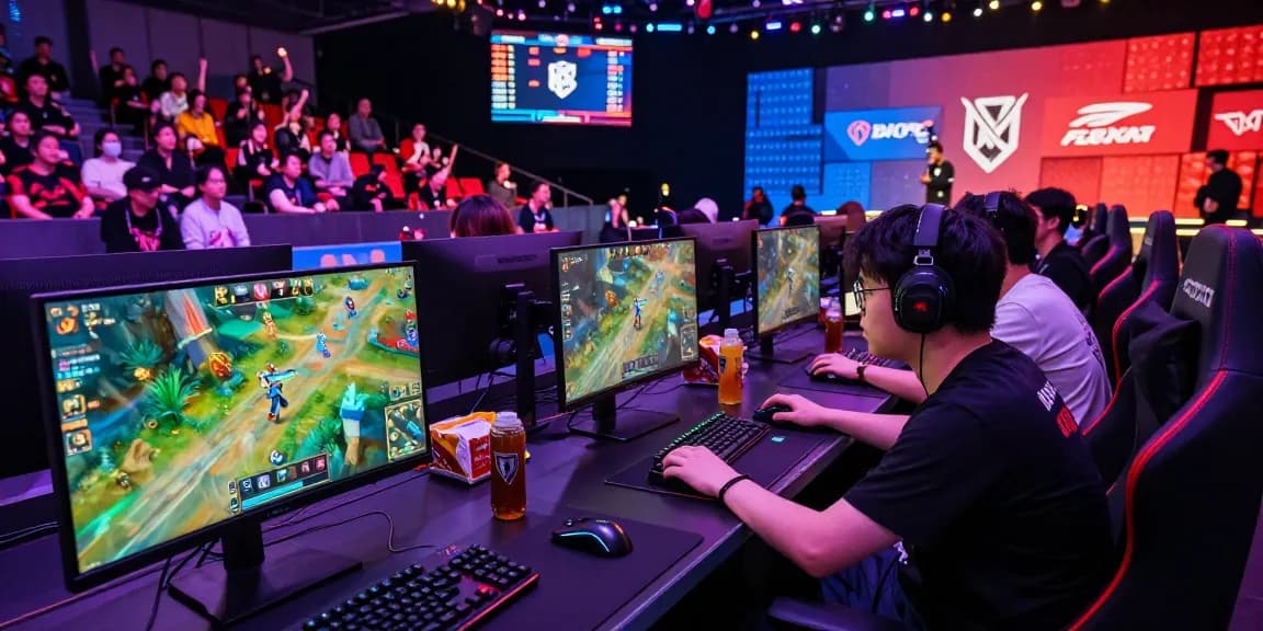 Exciting esports tournament showcasing gamers in action, raja328 event with vibrant graphics and cheering fans.