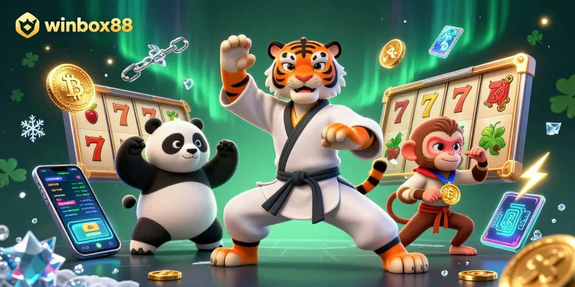 Engage in thrilling gaming with winbox88's vibrant casino illustration showcasing 3D cartoon characters amidst rich gambling elements.