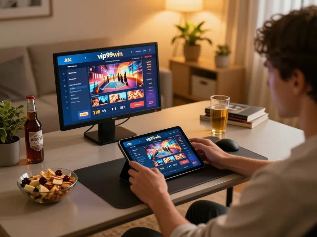 Player enjoying vip99win online casino gaming on a tablet in a cozy home setting