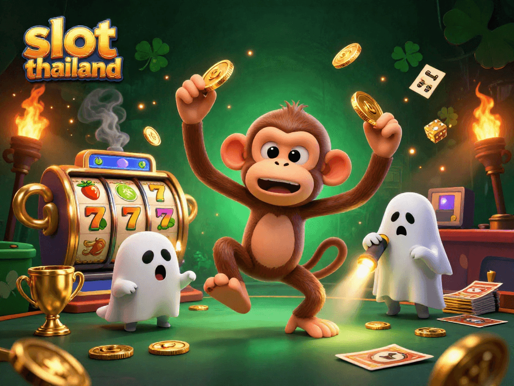 Engaging slot thailand scene with a playful poltergeist monkey juggling golden coins and a ghost-hunter puppy tracking it.