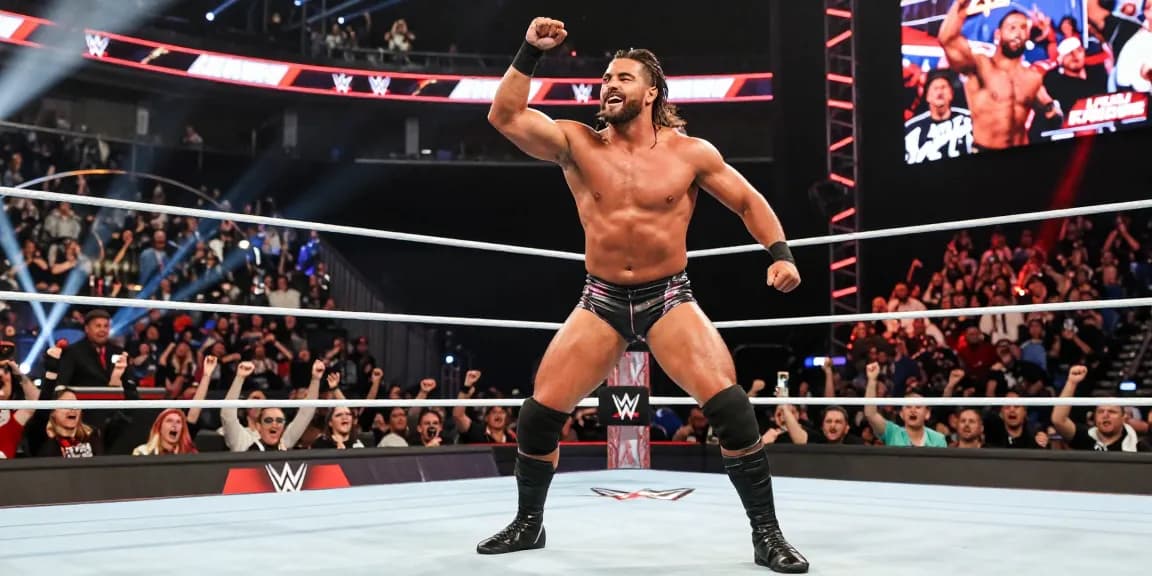 LA Knight showcasing his wrestling prowess in the WWE ring, surrounded by cheering fans.