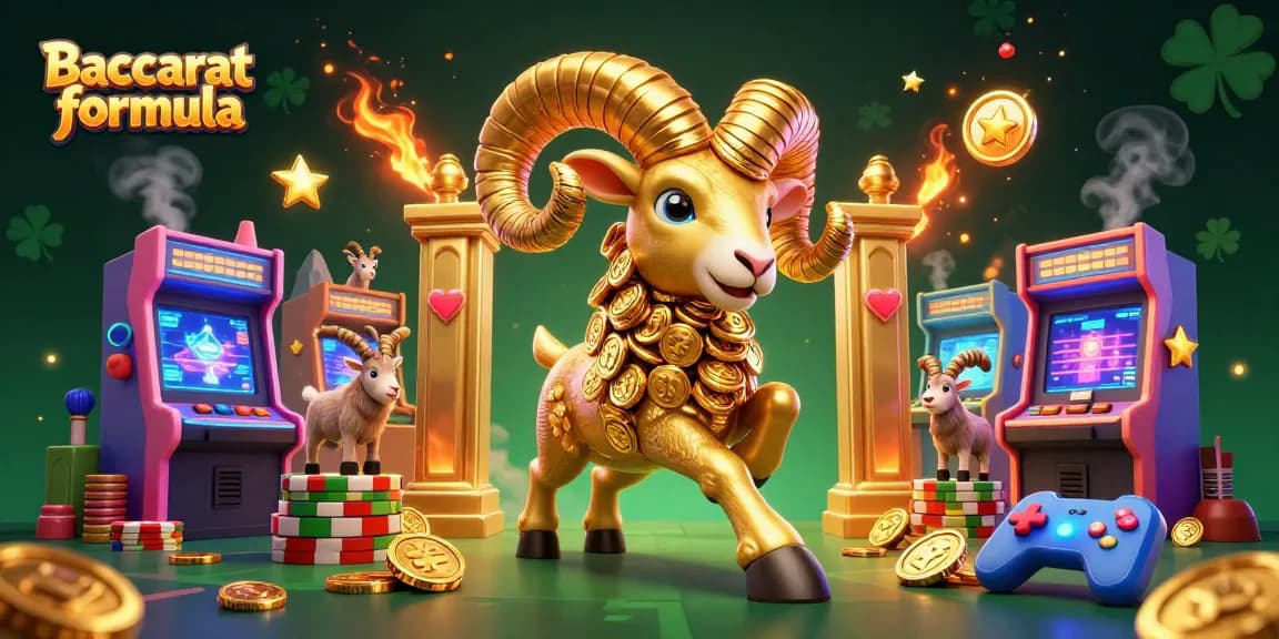 Baccarat formula animated scene of a golden ram charging through a vibrant casino setting filled with gaming elements and excitement.