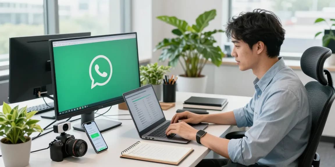 A young professional accessing WhatsApp電腦版 in a modern office workspace filled with technology and greenery.